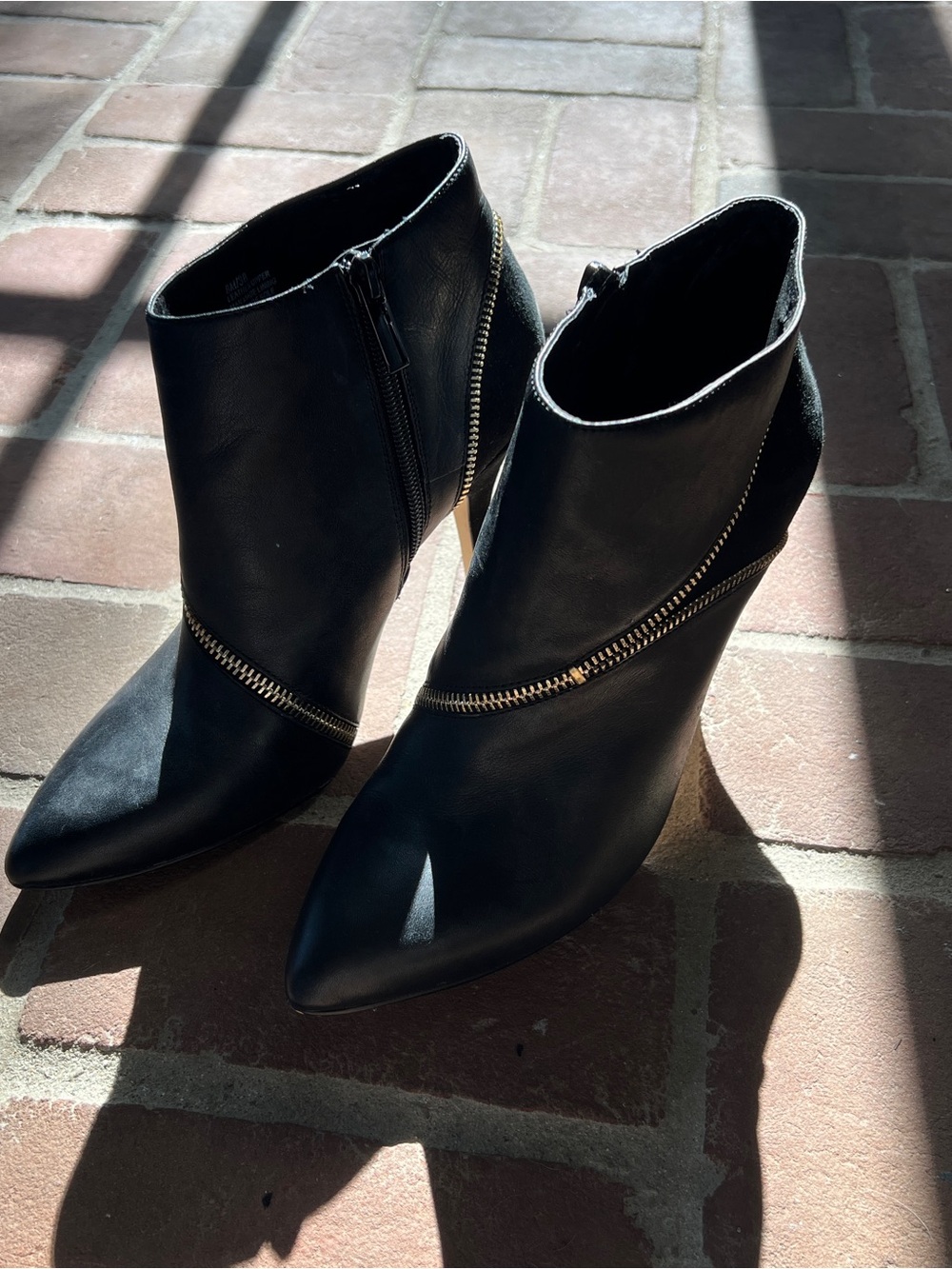 Women's Black Pointed Ankle Booties with Gold Accent Zipper